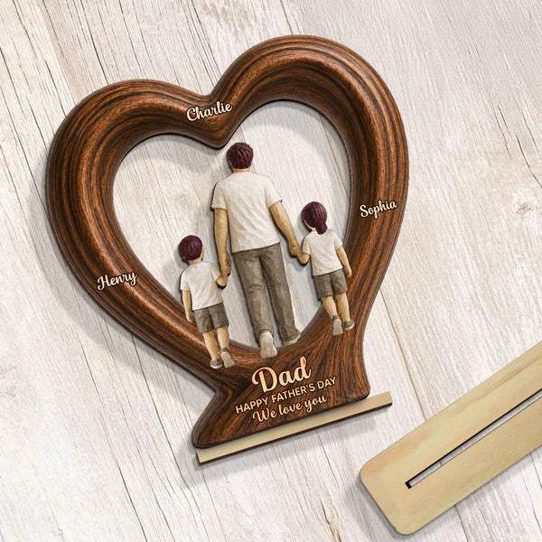 Heart Frame Wooden Plaque With Dad & Kids Holding Hands, Custom We Love You Creative Gift