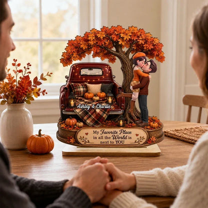 Personalized 2-Layer Wooden Plaque, Kissing Couple by Vintage Truck in Autumn, Unique Gift for Partner