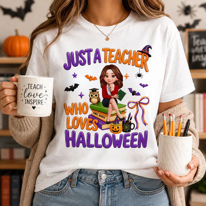 Personalized Classic Tee, Cartoon Teacher Sitting on Books, Unique Creative Halloween Gift for Teachers