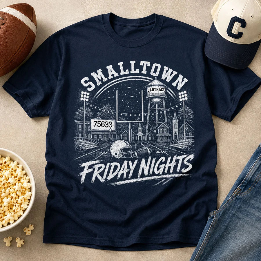 Classic Tee, Personalized Stadium Lights and Town Skyline Keepsake, Unique Gift for American Football Fans
