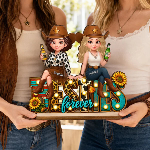 Personalized 2-Layer Wooden Plaque, Cowgirl Friends Holding Hands, Unique Gift for Close Friend