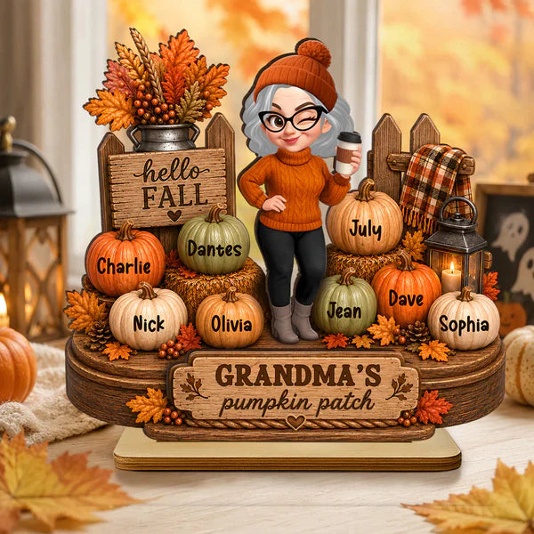 Personalized 2-Layer Wooden Plaque, Grandma Holding Coffee in Fall Pumpkin Patch, Unique Gift for Grandma