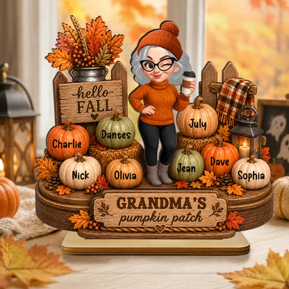 Personalized 2-Layer Wooden Plaque, Grandma Holding Coffee in Fall Pumpkin Patch, Unique Gift for Grandma
