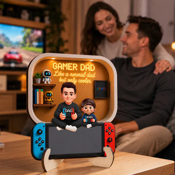 Personalized 2-Layer Wooden Plaque for Gamer Dad, Dad & Kids Holding Controllers Unique Gift