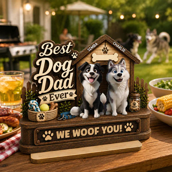 Personalized 2-Layer Wooden Plaque, Smiling Dogs by Doghouse, Unique Gift for Dog Dad
