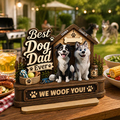 Personalized 2-Layer Wooden Plaque, Smiling Dogs by Doghouse, Unique Gift for Dog Dad