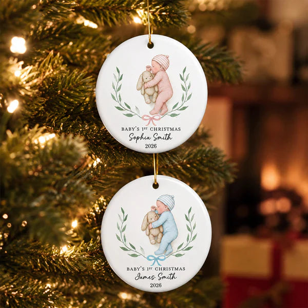 Personalized Ceramic Ornament, Baby's First Christmas Sleeping Baby, Unique Gift for New Parents