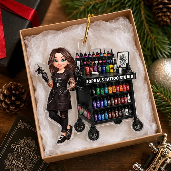 Personalized Acrylic Ornament, Tattoo Artist Holding Machine by Ink Cart on Christmas Tree, Unique Gift for Her