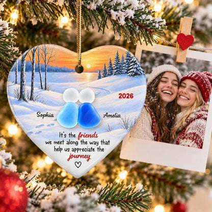 Personalized Heart Ornament, Friends Sitting Together at a Winter Sunset, Unique Christmas Gift for a Close Friend