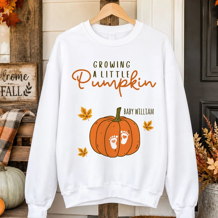 Personalized Classic Tee, Pumpkin and Baby Footprints Fall Design, Unique Gift for Mom-to-Be