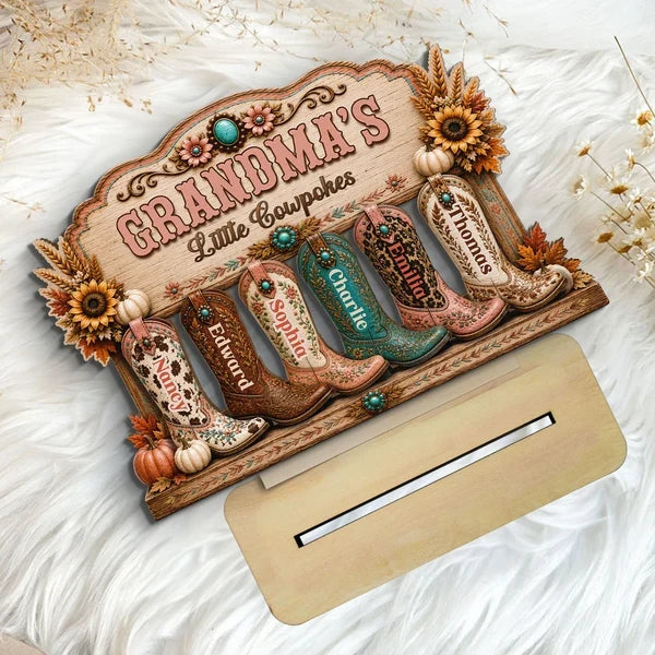 Personalized 2-Layer Wooden Plaque with Western Boots, Unique Gift for Grandma's Little Cowpokes
