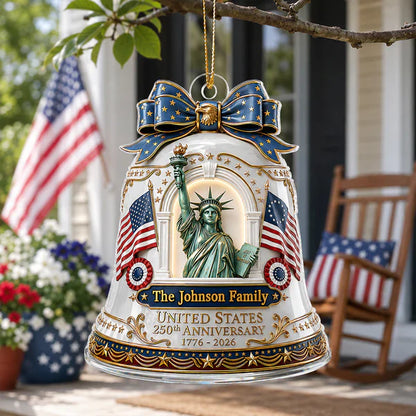 Personalized Acrylic Ornament With Statue of Liberty & Flags, Unique Americana Gift for Family