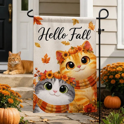 Personalized Garden Flag with Cute Cat in Scarf, Autumn Yard Decor and Unique Gift for Cat Lovers