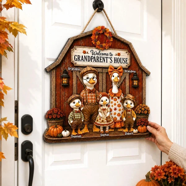 Personalized Wooden Sign, Rustic Autumn Goose Family at Grandparents' House, Unique Gift for Grandma & Grandpa