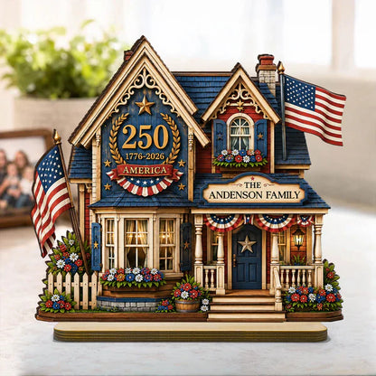 Personalized Wooden Plaque with Patriotic House Art, USA 250th Family Shelf Decor, Unique Gift for Family