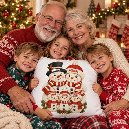 Personalized Square Pillow, Snowman Grandparents & Grandkids Gathered Together, Unique Christmas Gift for Grandparents