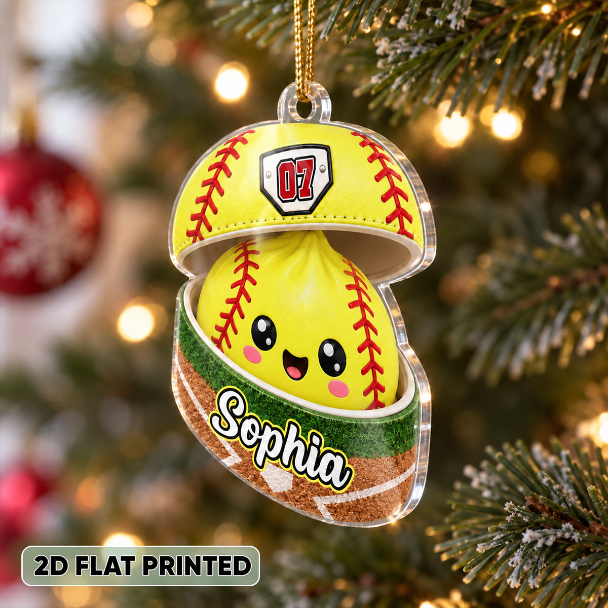 Personalized Softball Dumpling Acrylic Ornament, Cute Yellow Tree Decor, Unique Christmas Gift for Daughter, Son, Grandkids