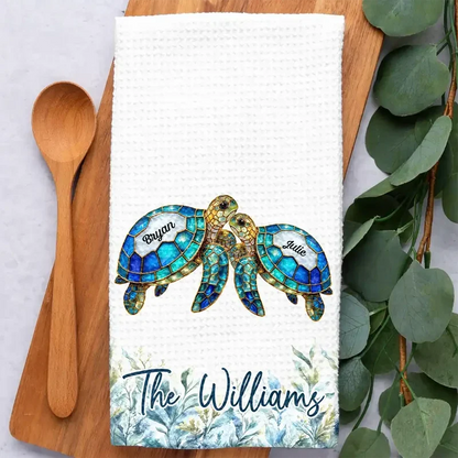 Personalized Kitchen Towel with Swimming Sea Turtle Family, Coastal Decor and Unique Gift for Family