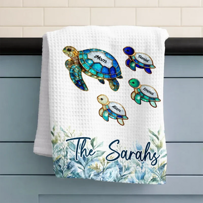 Personalized Kitchen Towel with Swimming Sea Turtle Family, Coastal Decor and Unique Gift for Family