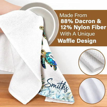 Personalized Kitchen Towel with Swimming Sea Turtle Family, Coastal Decor and Unique Gift for Family