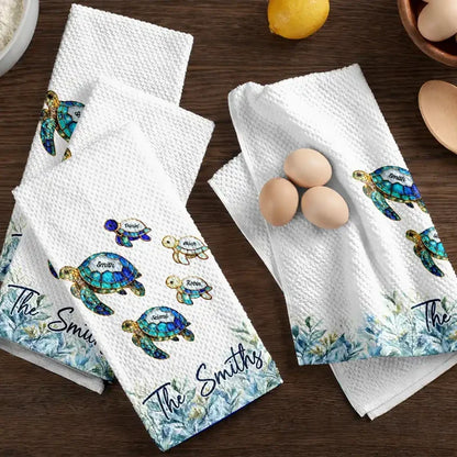 Personalized Kitchen Towel with Swimming Sea Turtle Family, Coastal Decor and Unique Gift for Family