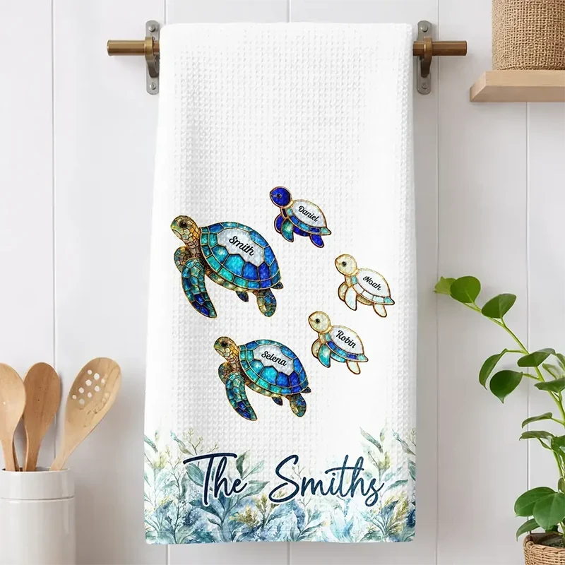 Personalized Kitchen Towel with Swimming Sea Turtle Family, Coastal Decor and Unique Gift for Family