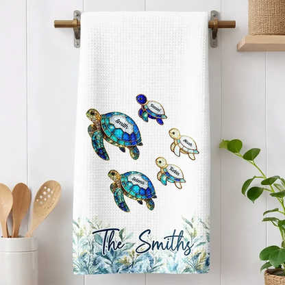 Personalized Kitchen Towel with Swimming Sea Turtle Family, Coastal Decor and Unique Gift for Family