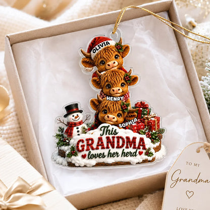 Personalized Acrylic Ornament, Grandma Loves Her Herd with Cuddling Cows in Festive Snow, Creative Gift for Grandma