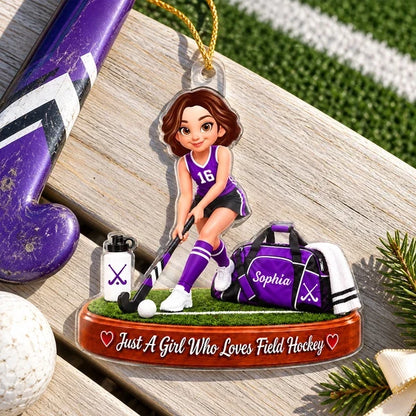 Personalized Acrylic Ornament, Girl Playing Field Hockey on the Pitch, Unique Christmas Gift for Daughter