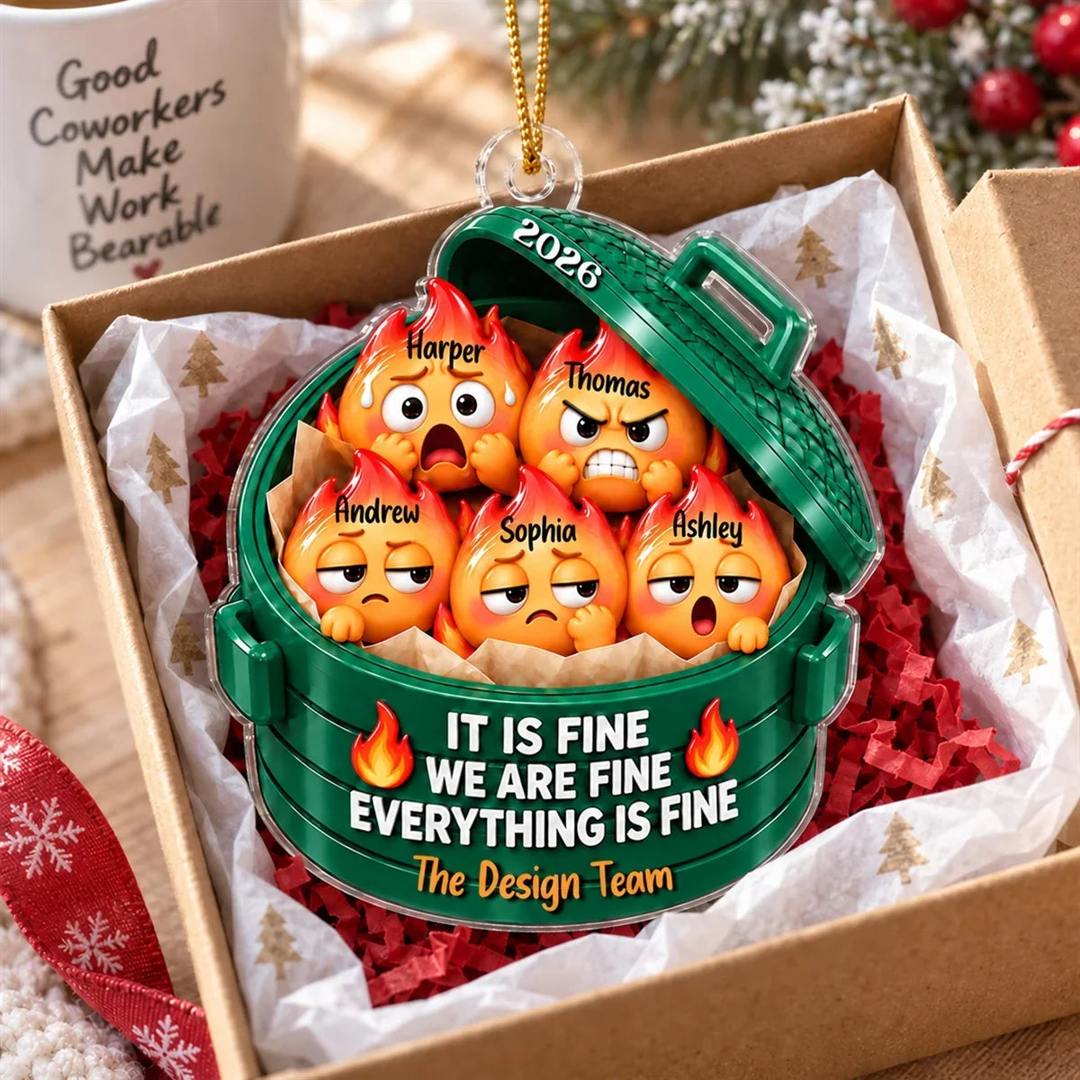 Personalized Dumpster Fire Acrylic Ornament, Cute Cartoon Team Scene, Unique Christmas Gift for Coworkers