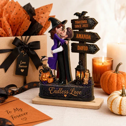 Personalized 2-Layer Wooden Plaque, Kissing Witch Couple Halloween Decor, Unique Gift for Couples