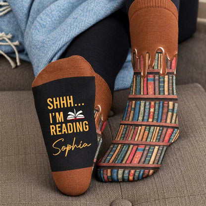 Personalized Crew Socks, Shhh I'm Reading Bookshelf Design, Unique Gift for Book Lovers