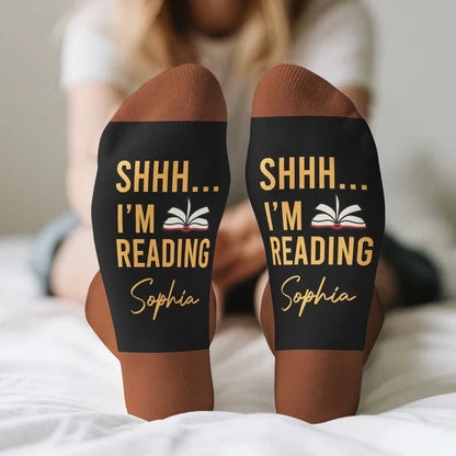 Personalized Crew Socks, Shhh I'm Reading Bookshelf Design, Unique Gift for Book Lovers
