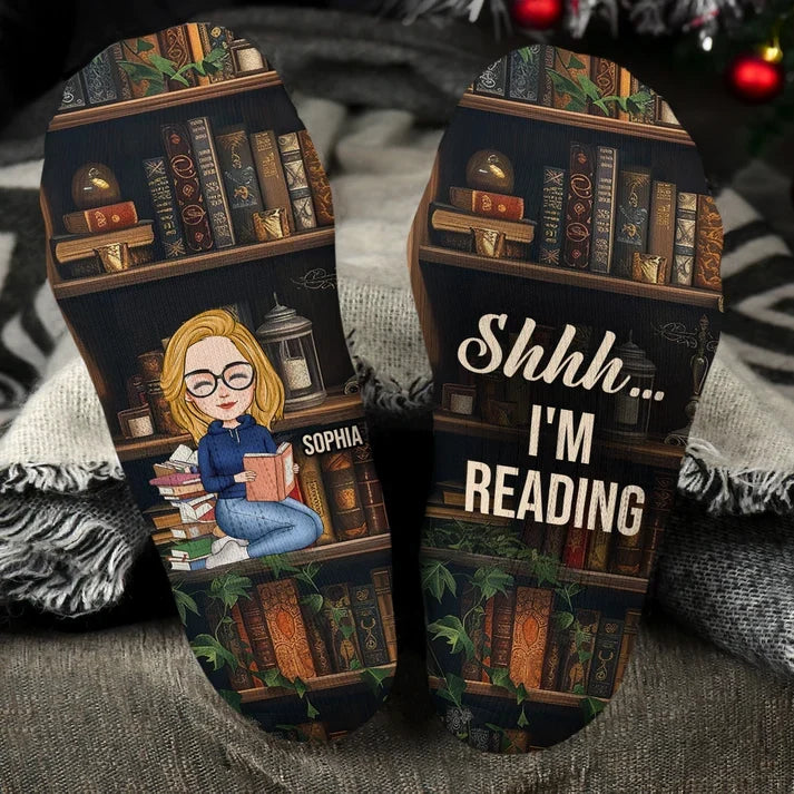 Shhh I'm Reading Personalized Crew Socks, Woman Reading by Vintage Bookshelves, Creative Gift for Mom