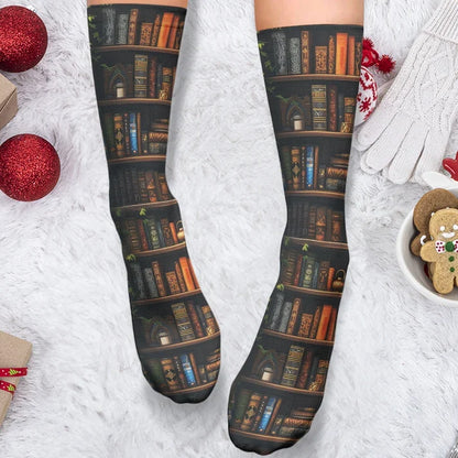 Shhh I'm Reading Personalized Crew Socks, Woman Reading by Vintage Bookshelves, Creative Gift for Mom