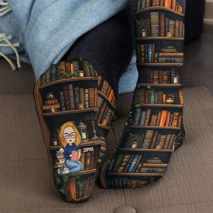 Shhh I'm Reading Personalized Crew Socks, Woman Reading by Vintage Bookshelves, Creative Gift for Mom
