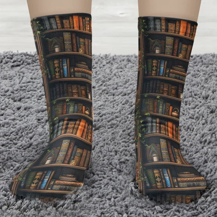 Shhh I'm Reading Personalized Crew Socks, Woman Reading by Vintage Bookshelves, Creative Gift for Mom