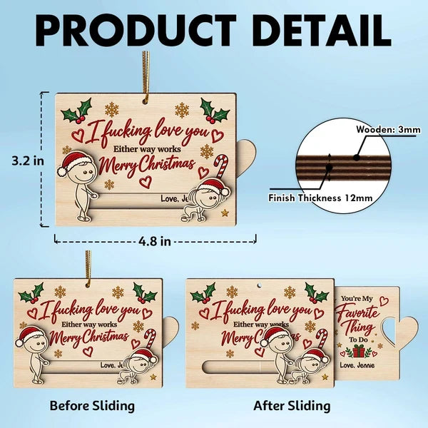 Personalized Wooden Sliding Ornament, Playfully Posing Cartoon Couple, Unique Christmas Gift for Partner