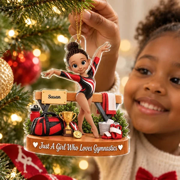 Just a Girl Who Loves Gymnastics Personalized Acrylic Ornament, Gymnast Posing with Trophy, Creative Gift for Young Gymnast