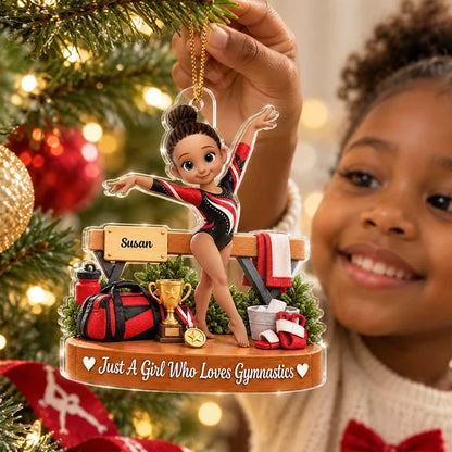 Just a Girl Who Loves Gymnastics Personalized Acrylic Ornament, Gymnast Posing with Trophy, Creative Gift for Young Gymnast