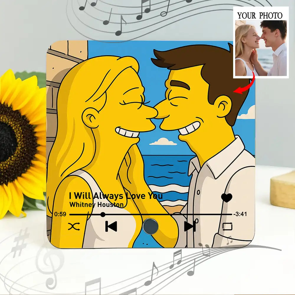 "Simpsons-Style Couple Acrylic Music Magnet – Custom Photo & Song"