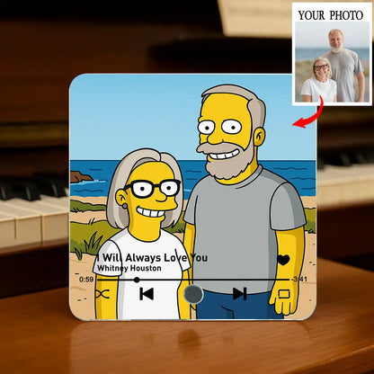 "Simpsons-Style Couple Acrylic Music Magnet – Custom Photo & Song"