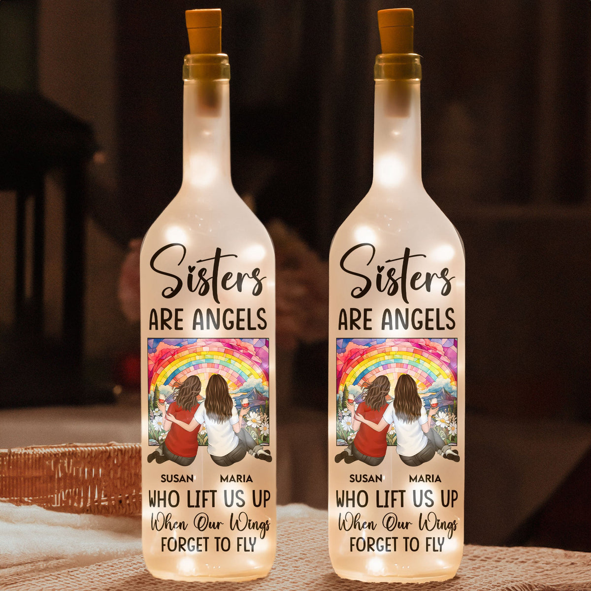 Bottle Lamp Sisters Are Angels design – warm decorative light with soft glow, meaningful home décor for shared memories, gift-ready for best friends and sisters