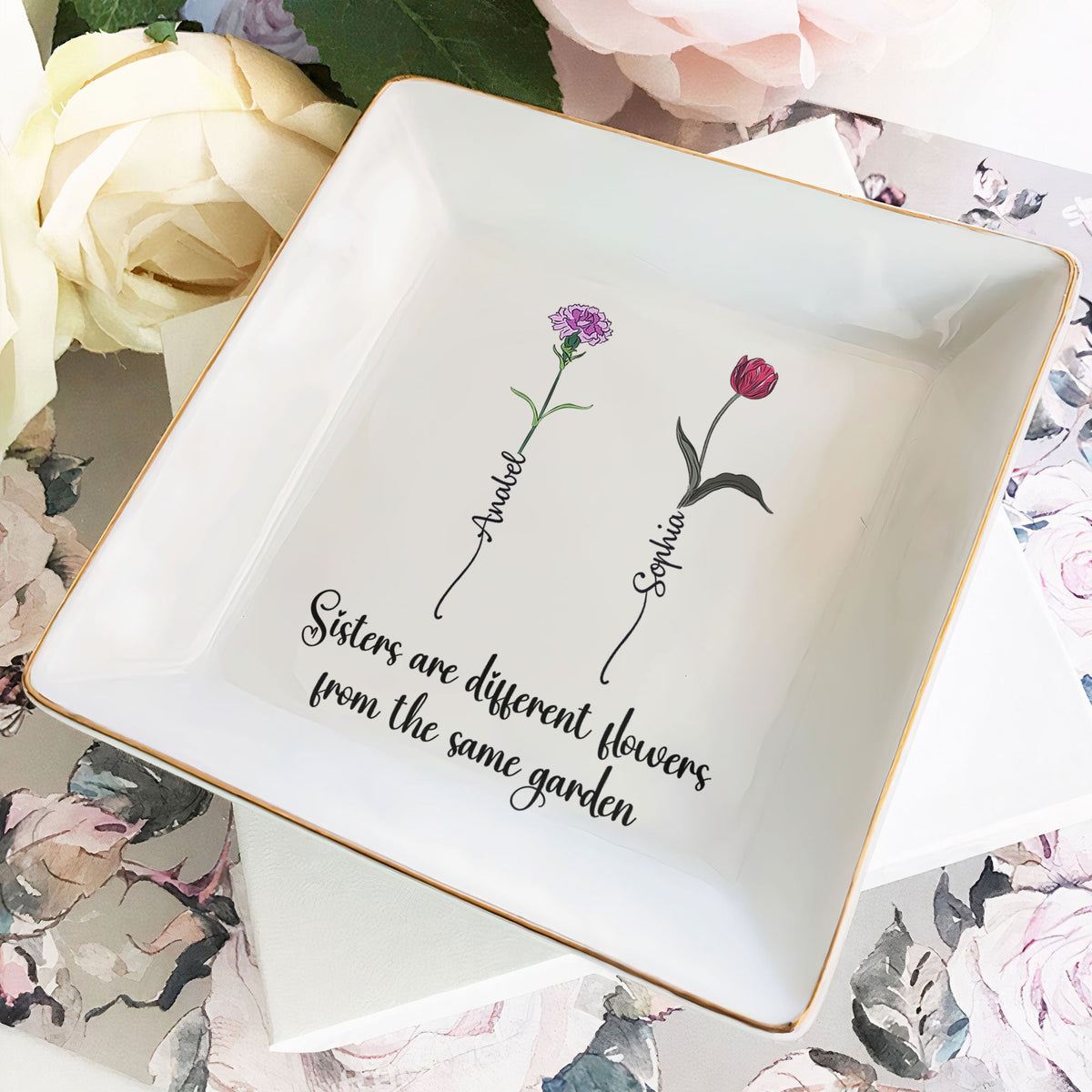 Sisters Are Different Flowers Jewelry Dish – Personalized Floral Gift for Sister with Names