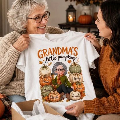 Grandma's Little Pumpkins Sweatshirt, Personalized Cartoon Grandma with Coffee, Creative Family Gift for Grandma