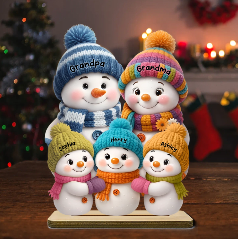 Personalized 2-Layer Wooden Plaque, Colorful Snowman Family by a Winter Window, Unique Christmas Gift for Grandparents