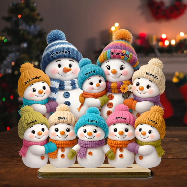 Personalized 2-Layer Wooden Plaque, Colorful Snowman Family by a Winter Window, Unique Christmas Gift for Grandparents