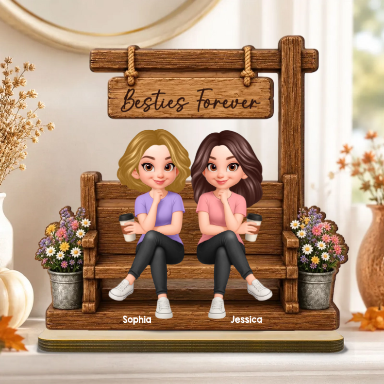 Personalized 2-Layer Wooden Plaque, Cartoon Friends Sharing Coffee on a Garden Bench, Unique Gift for Her