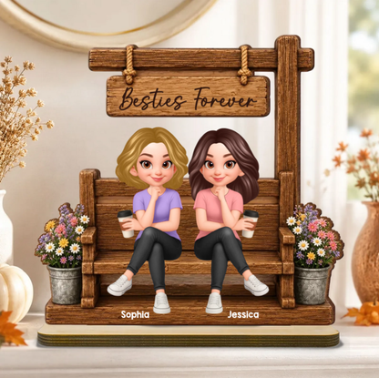 Personalized 2-Layer Wooden Plaque, Cartoon Friends Sharing Coffee on a Garden Bench, Unique Gift for Her