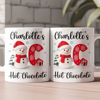 Custom Snowman Initial White Ceramic Mug for Hot Chocolate & Morning Coffee – Festive Personalized Christmas Gift, Fun and Cute Winter Present